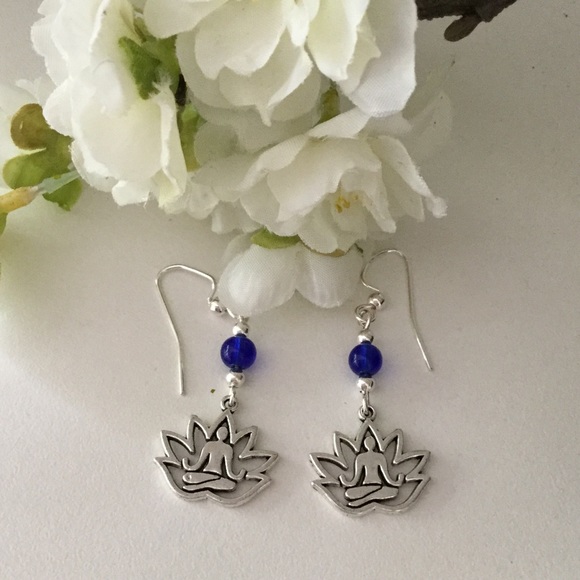 Yoga Earrings, Lotus Earrings, Cobalt Blue Earring - Picture 5 of 7